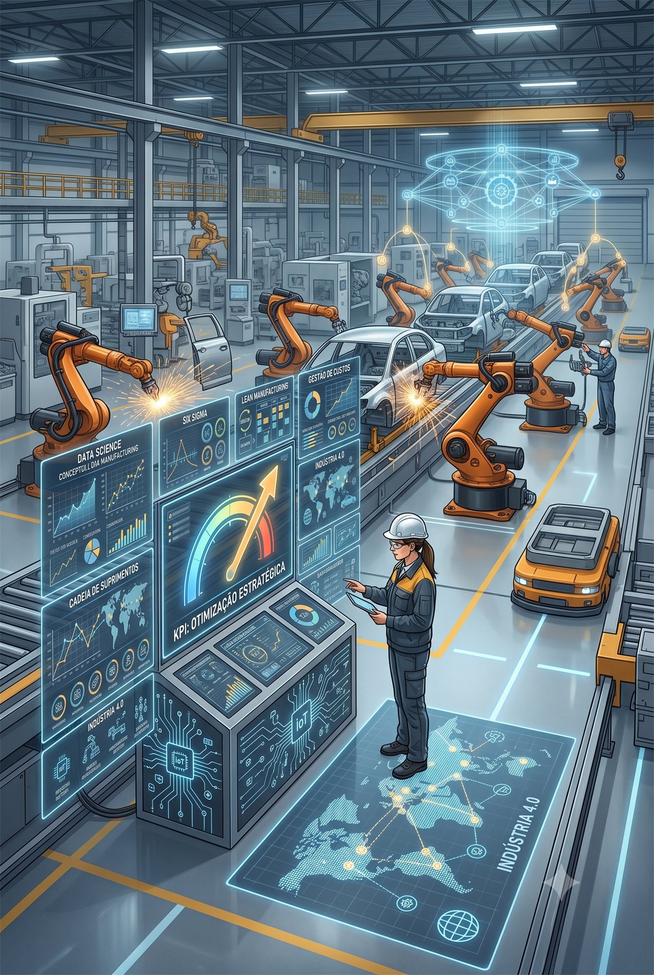 Ilustração: chão de fábrica automatizado, com braços robóticos soldando carrocerias numa linha de montagem, painéis de indicadores de produção suspensos no ar e uma engenheira de capacete segurando um tablet