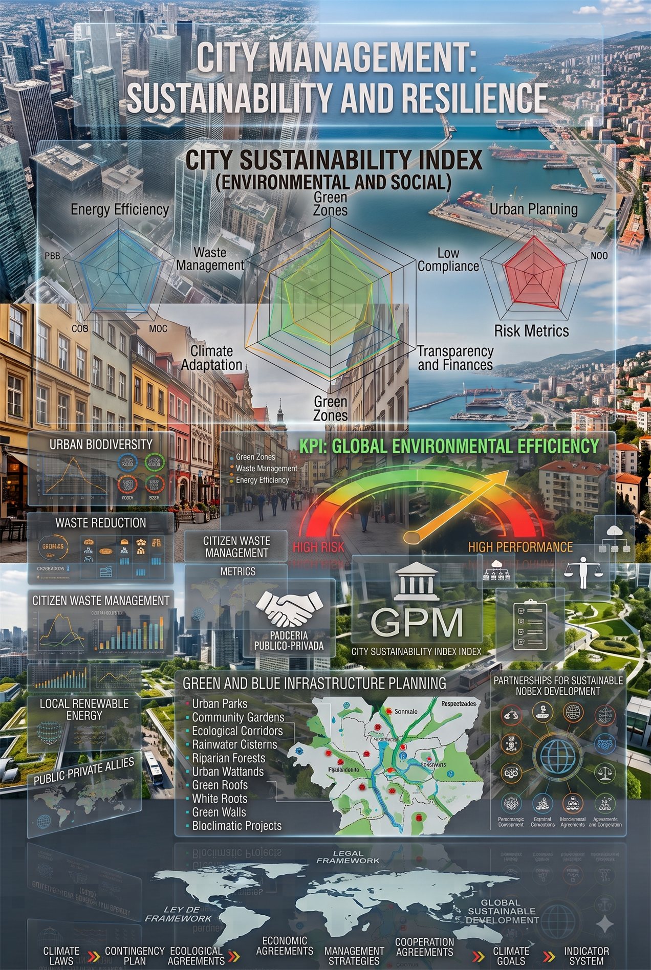 Illustration: a cityscape combining high-rises, a historic center and a waterfront, overlaid with dashboards of municipal sustainability and urban planning indicators