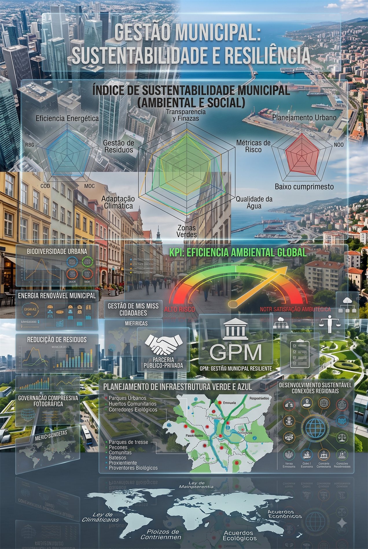 Ilustração: vista de cidade combinando arranha-céus, centro histórico e orla, sobreposta por painéis de indicadores de sustentabilidade municipal e planejamento urbano