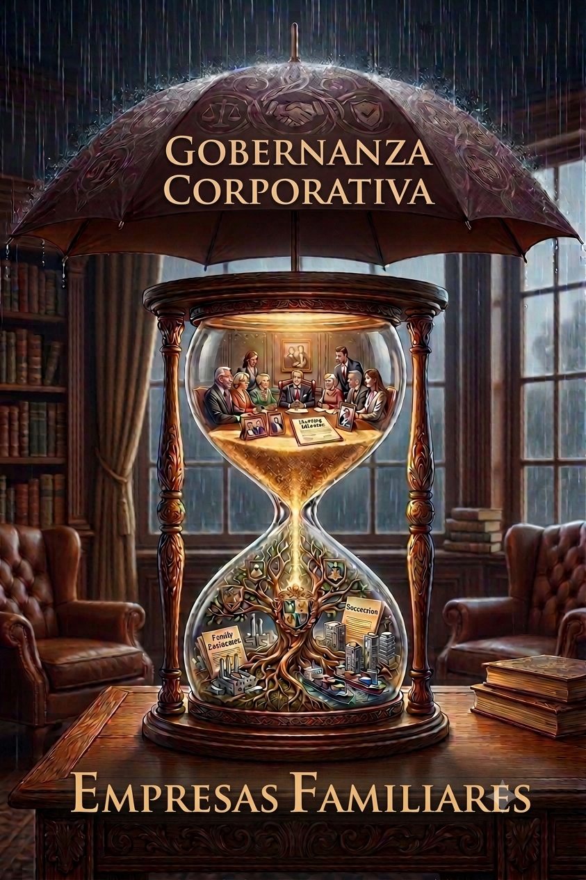 Ilustración: gobernanza corporativa en empresas familiares — un reloj de arena bajo un paraguas, con el consejo de familia arriba y la continuidad del negocio abajo