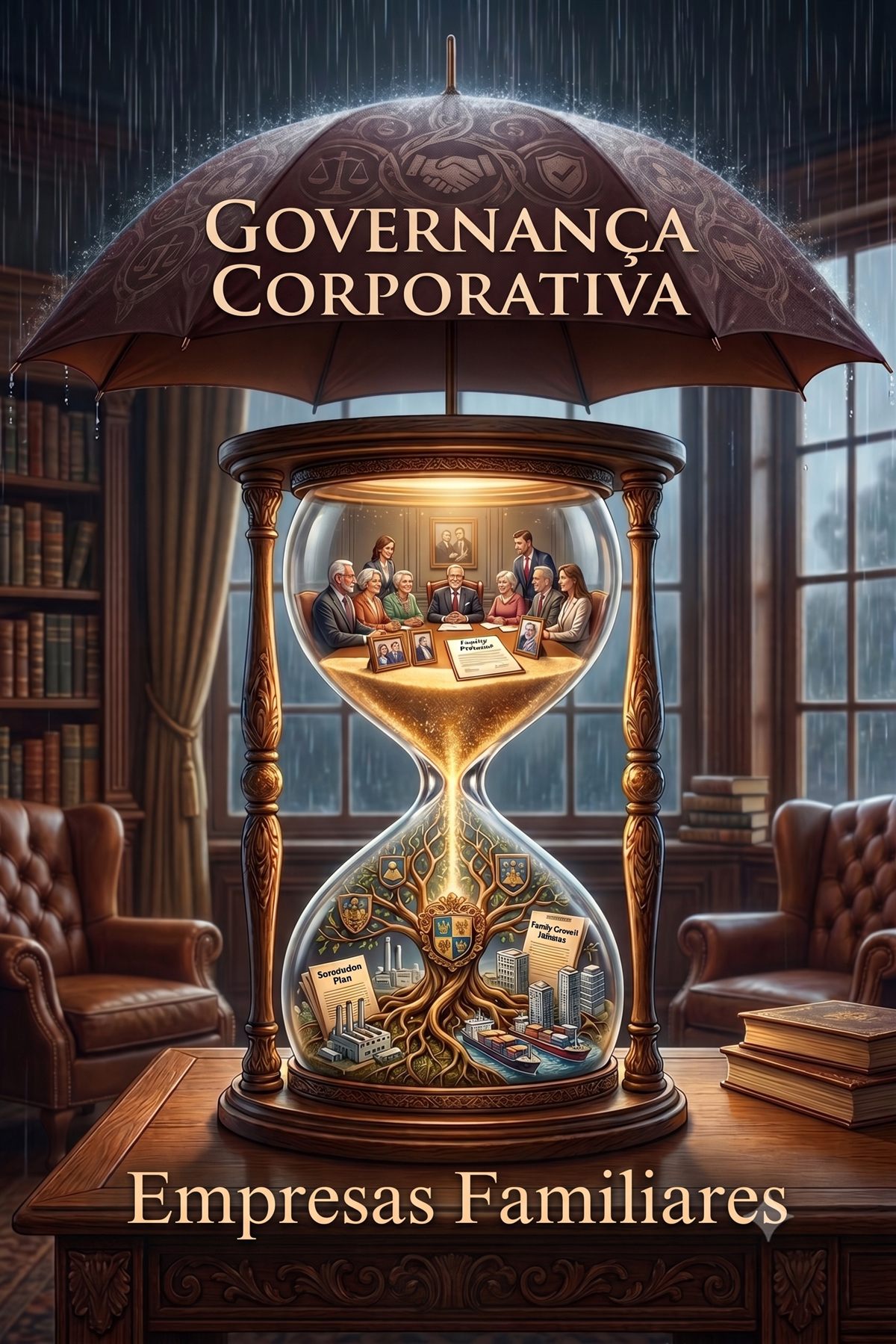 Ilustração: governança corporativa em empresas familiares — uma ampulheta sob um guarda-chuva, com o conselho de família na parte superior e a continuidade do negócio na inferior